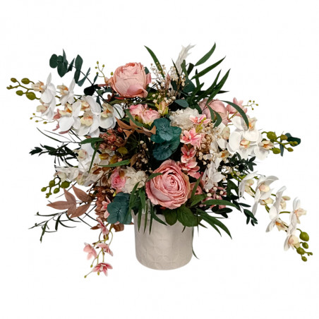 COMPOSICIÓN DE ORQUÍDEAS Y ROSAS ARTIFICIALES