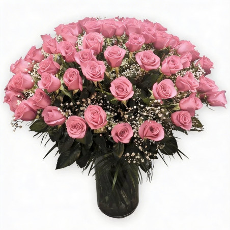 JARRÓN CON RAMO DE 100 ROSAS COLOR ROSA