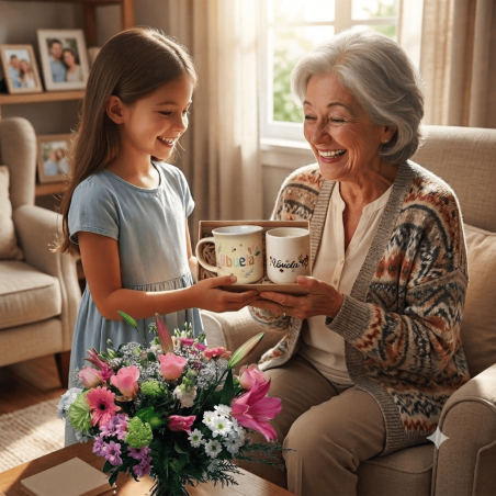 FLORES, TAZA Y VELA PARA ABUELA